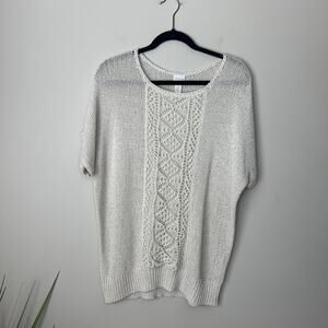 Chico's Women's‎ Cream Open Weave Short Sleeve Crochet Pullover Sweater SZ 3/XL